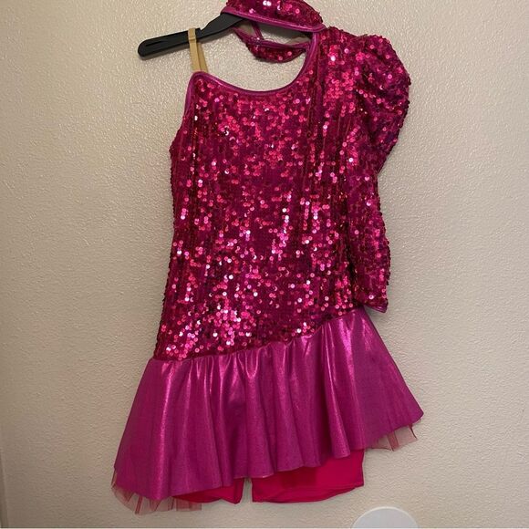 WEISSMAN Dance Costume hot pink sequin one sleeve CALL ME MAYBE 9243 SA adult - Picture 2 of 13